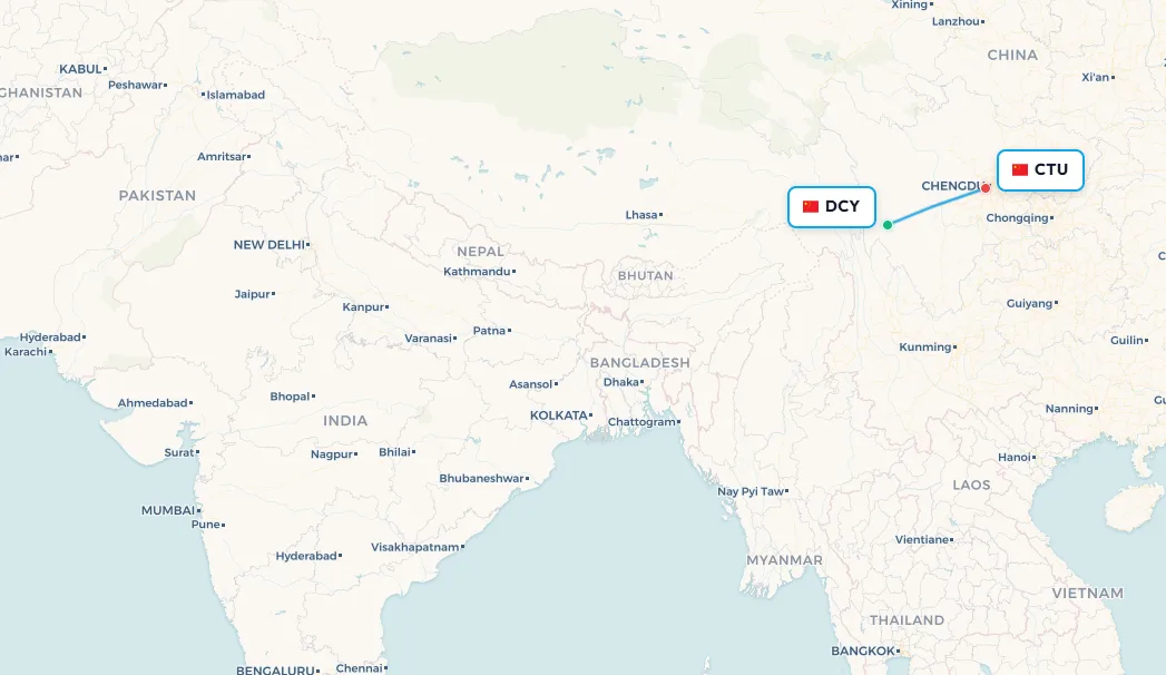 Mapa de la ruta de vuelo de Daocheng Yading a Chengdu