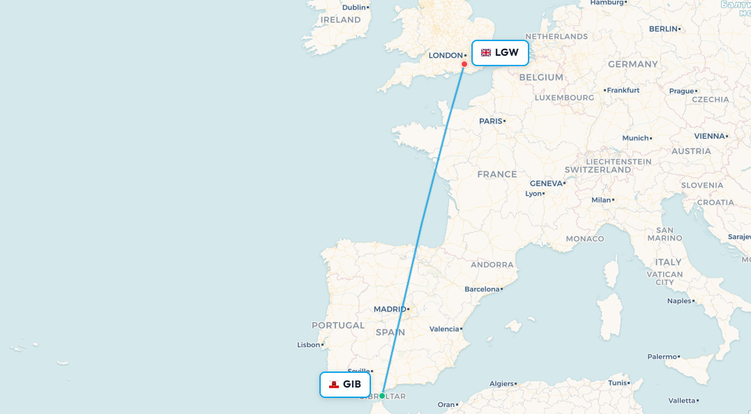 Gibraltar to London Gatwick flight route map