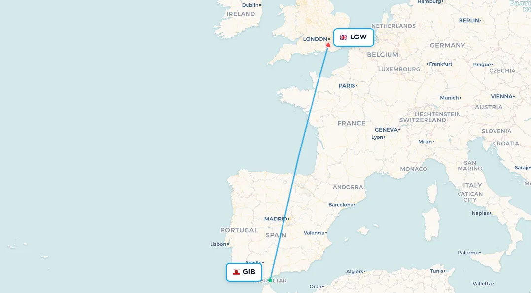 Mapa de la ruta de vuelo de Gibraltar a Londres Gatwick