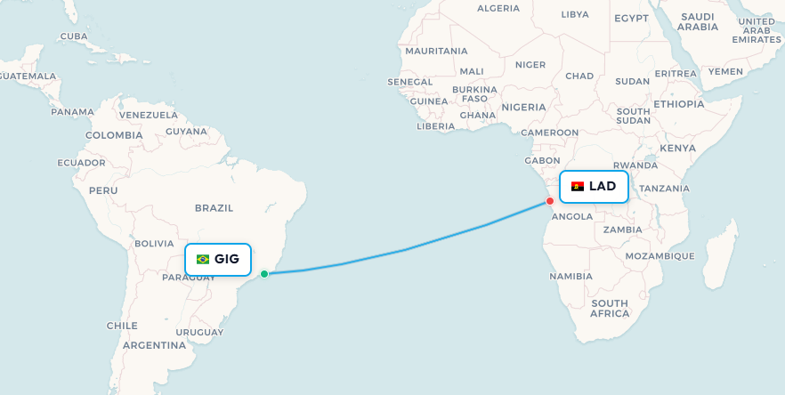 Rio de Janeiro to Luanda Angola flight route map
