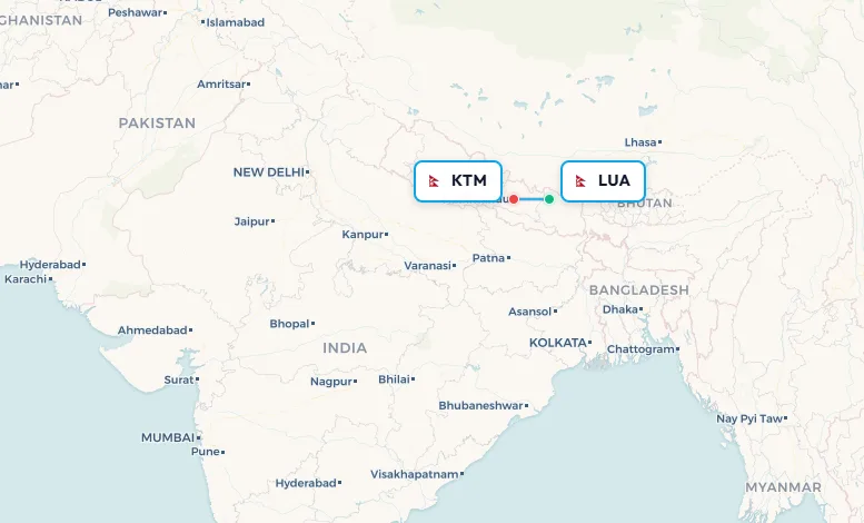 Mapa de la ruta de vuelo de Lukla a Katmandú