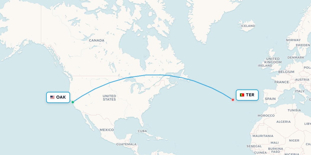 Oakland to Terceira Azores flight route map