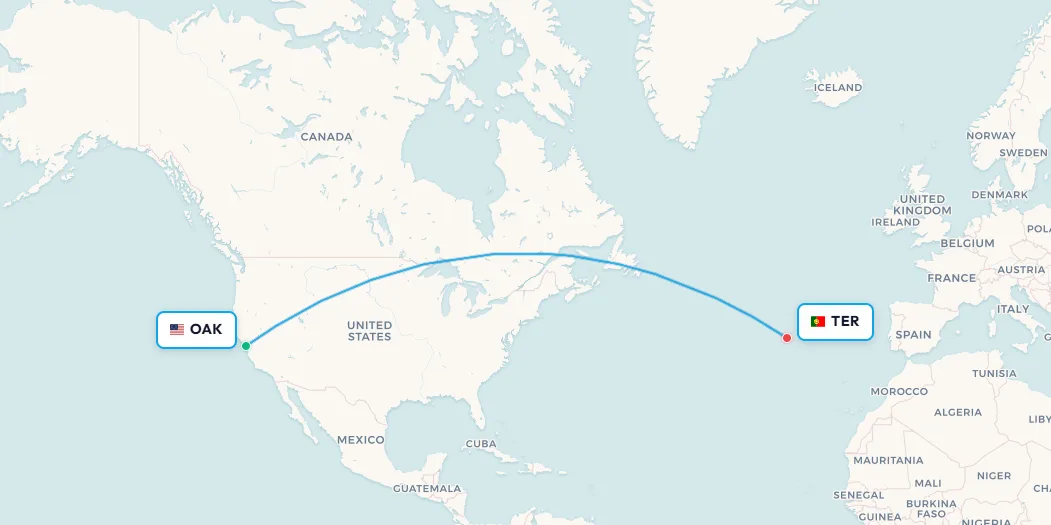 Mapa de la ruta de vuelo de Oakland a Terceira, Azores