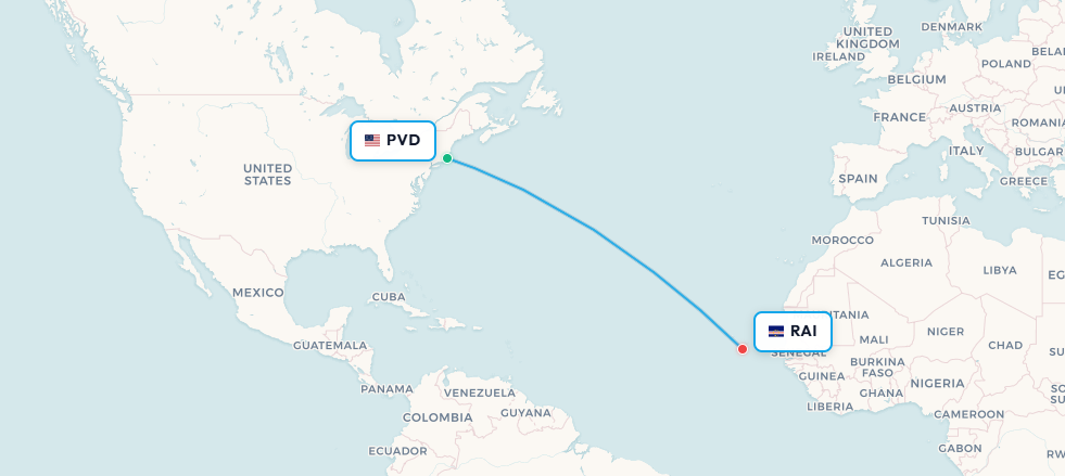 Providence to Praia Cape Verde flight route map