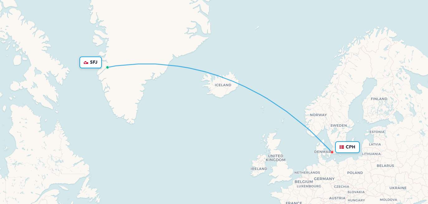 Kangerlussuaq to Copenhagen flight route map