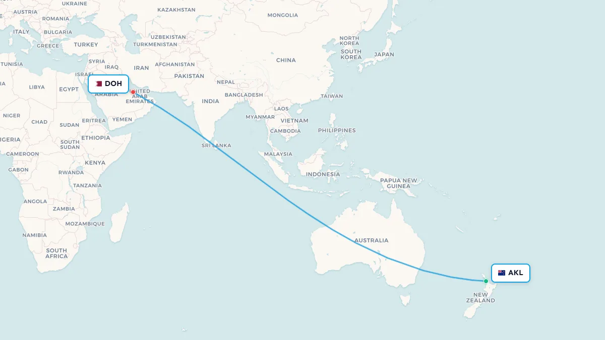 Auckland to Doha jet lag route map