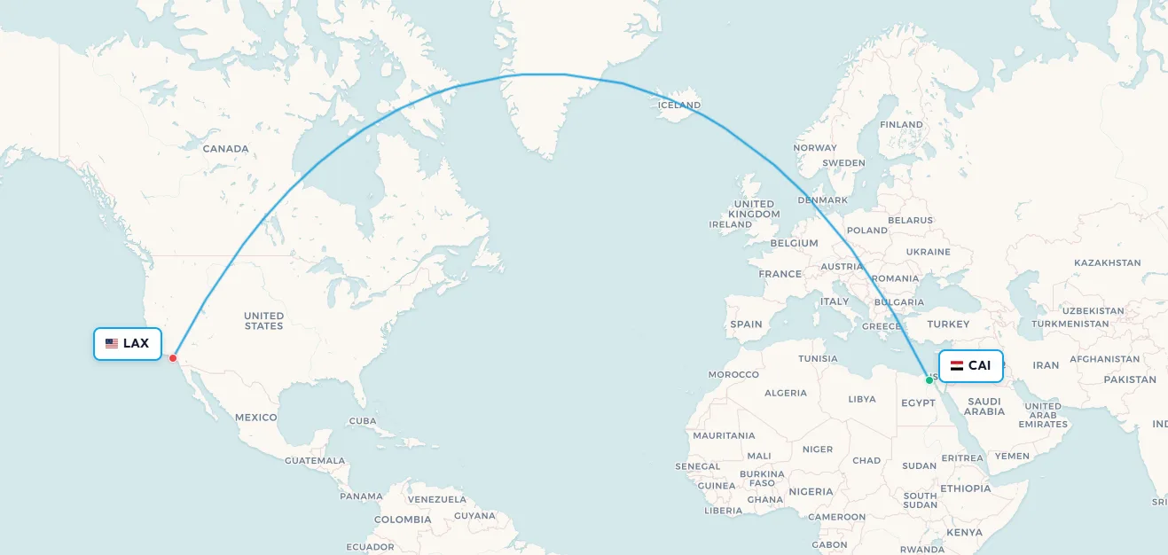 Cairo to Los Angeles jet lag route map