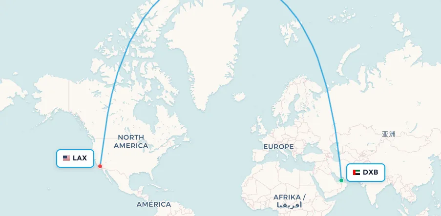 Dubai to Los Angeles jet lag route map