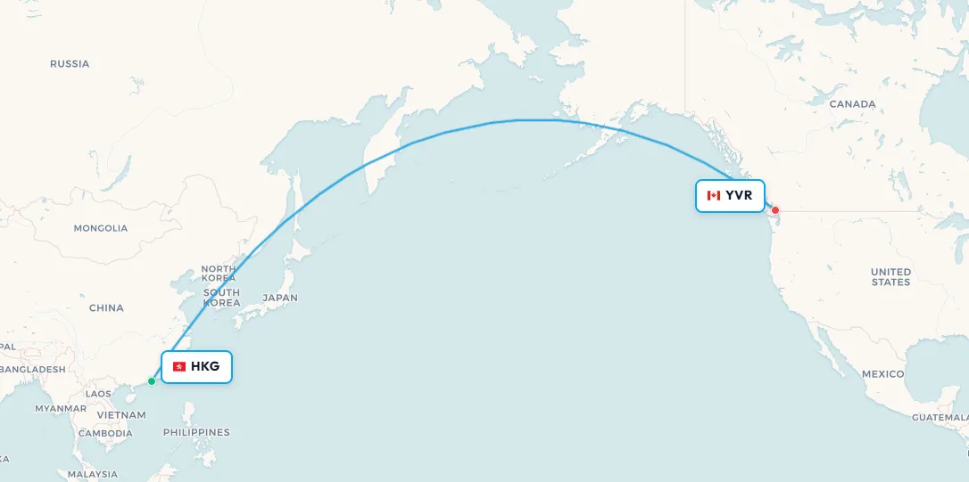 Hong Kong to Vancouver jet lag route map