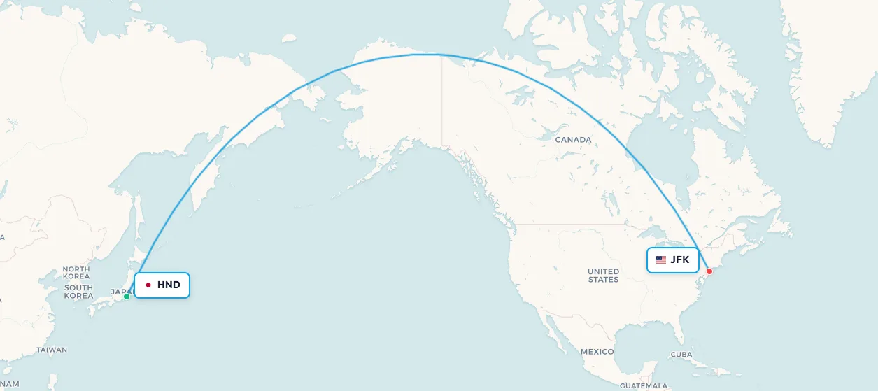 Tokyo Haneda to New York jet lag route map