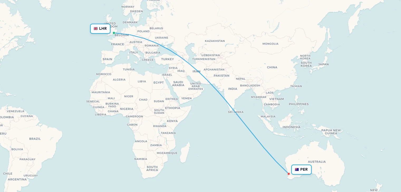 London to Perth jet lag route map