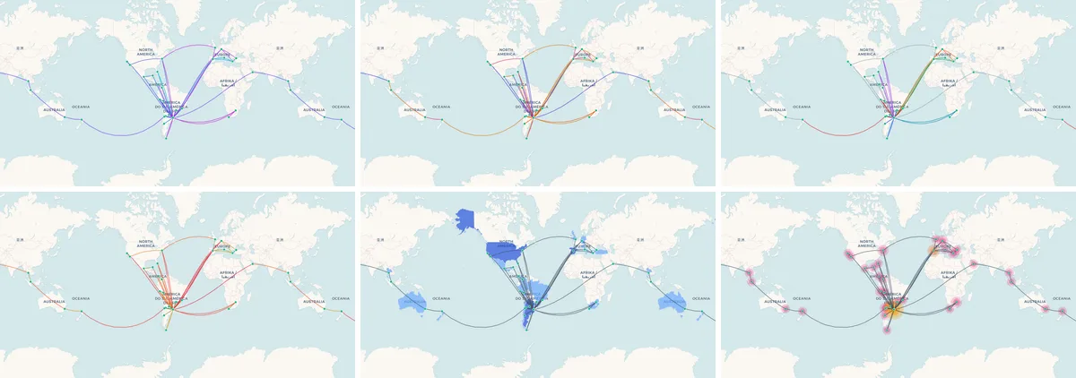 Los mismos vuelos en seis modos del mapa uno al lado del otro: coloreados por año, por hora del día, por aerolínea, por distancia, con los países visitados sombreados y con un brillo en cada aeropuerto