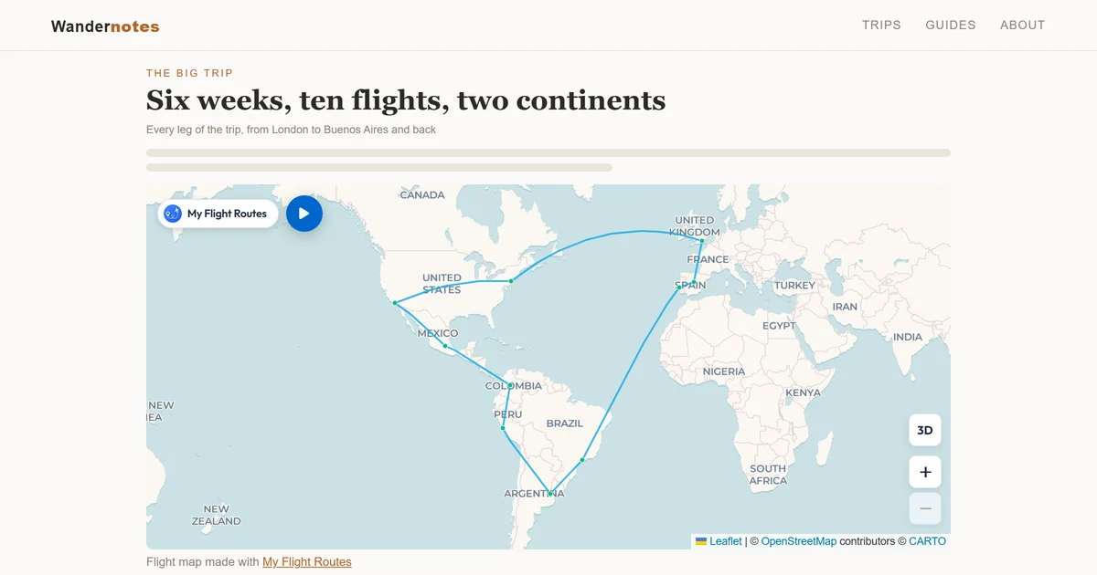 Una entrada de un blog de viajes con un mapa de vuelos interactivo insertado en medio del artículo, con sus rutas dibujadas sobre el mundo