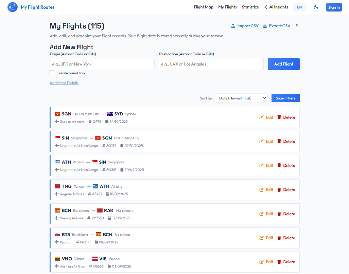 Captura del de la página de lista de vuelos