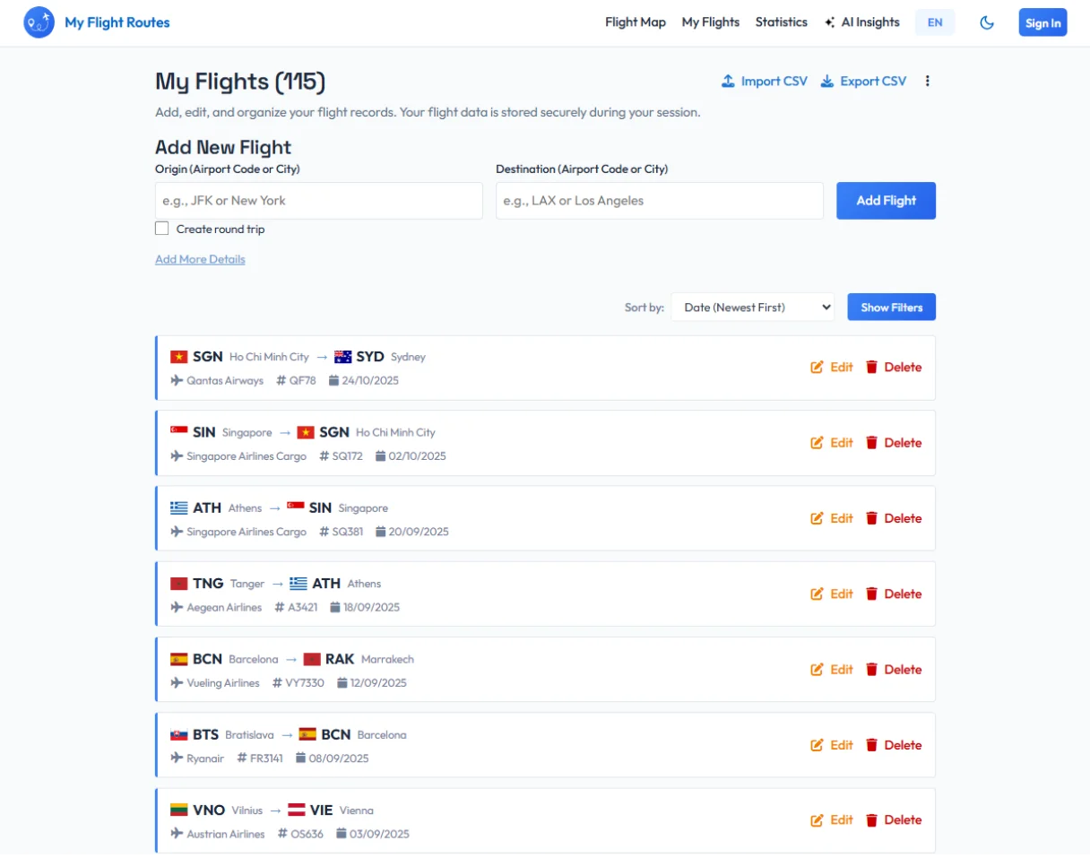 Flight list page screenshot
