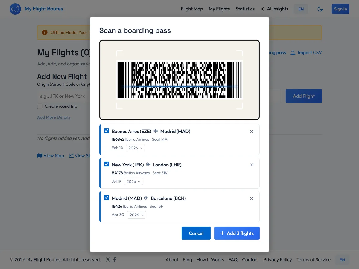 Three flights read from three boarding passes in a row, each with its airports, flight number, seat and date, and a button to add all three at once