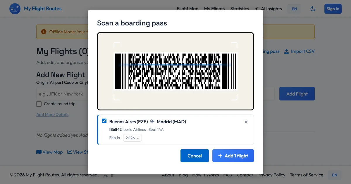 The boarding pass scanner with a paper pass barcode in the camera view and, underneath, the flight it read: Buenos Aires to Madrid, IB6842, seat 14A, ready to add