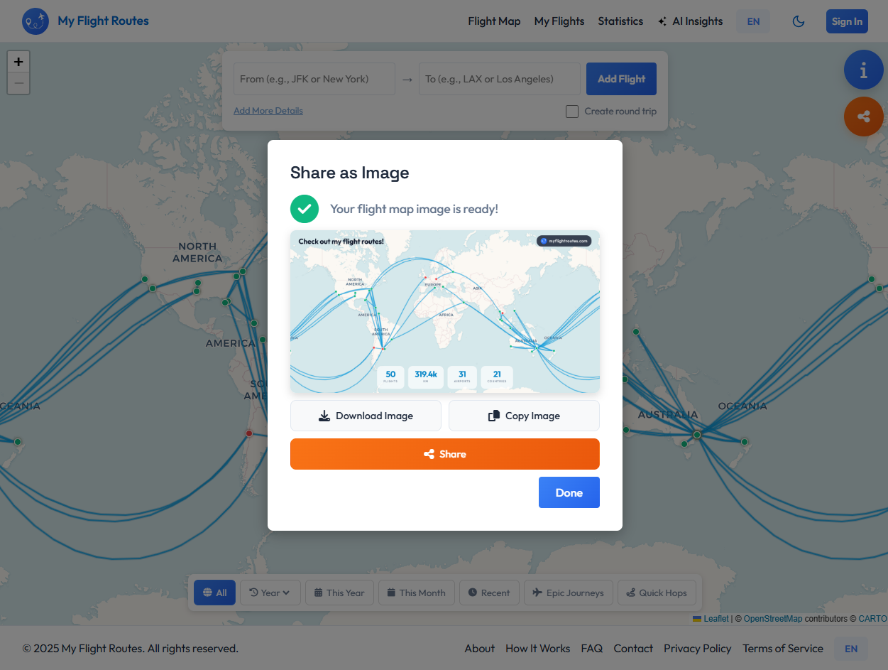 Shareable flight summary screenshot