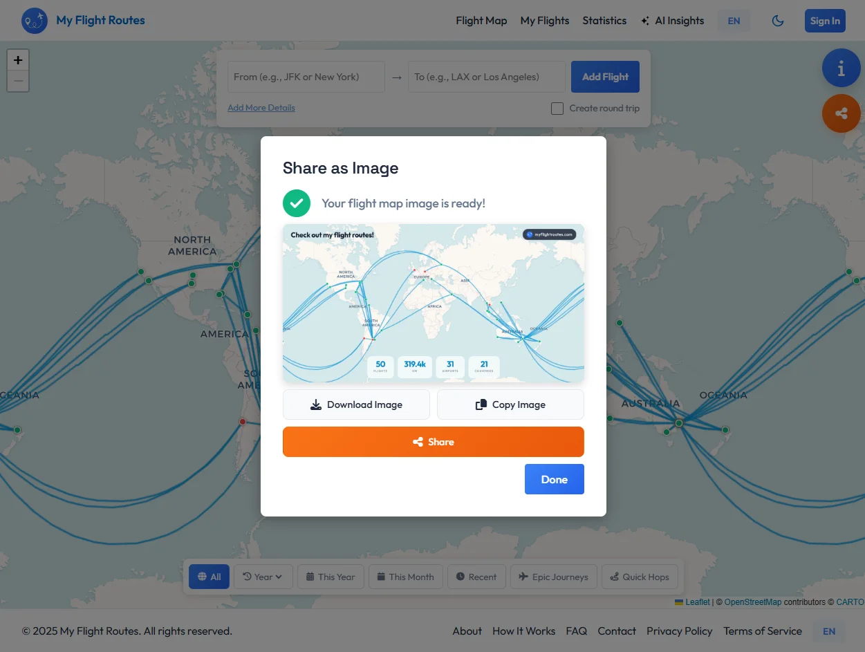 Shareable flight summary screenshot